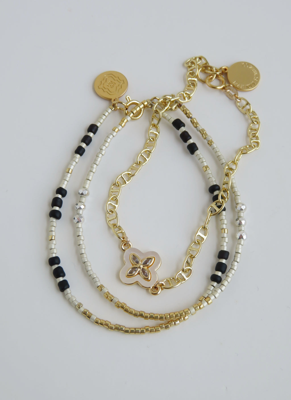 Pearl Shell Clover - Beaded Wrist Stack - Black