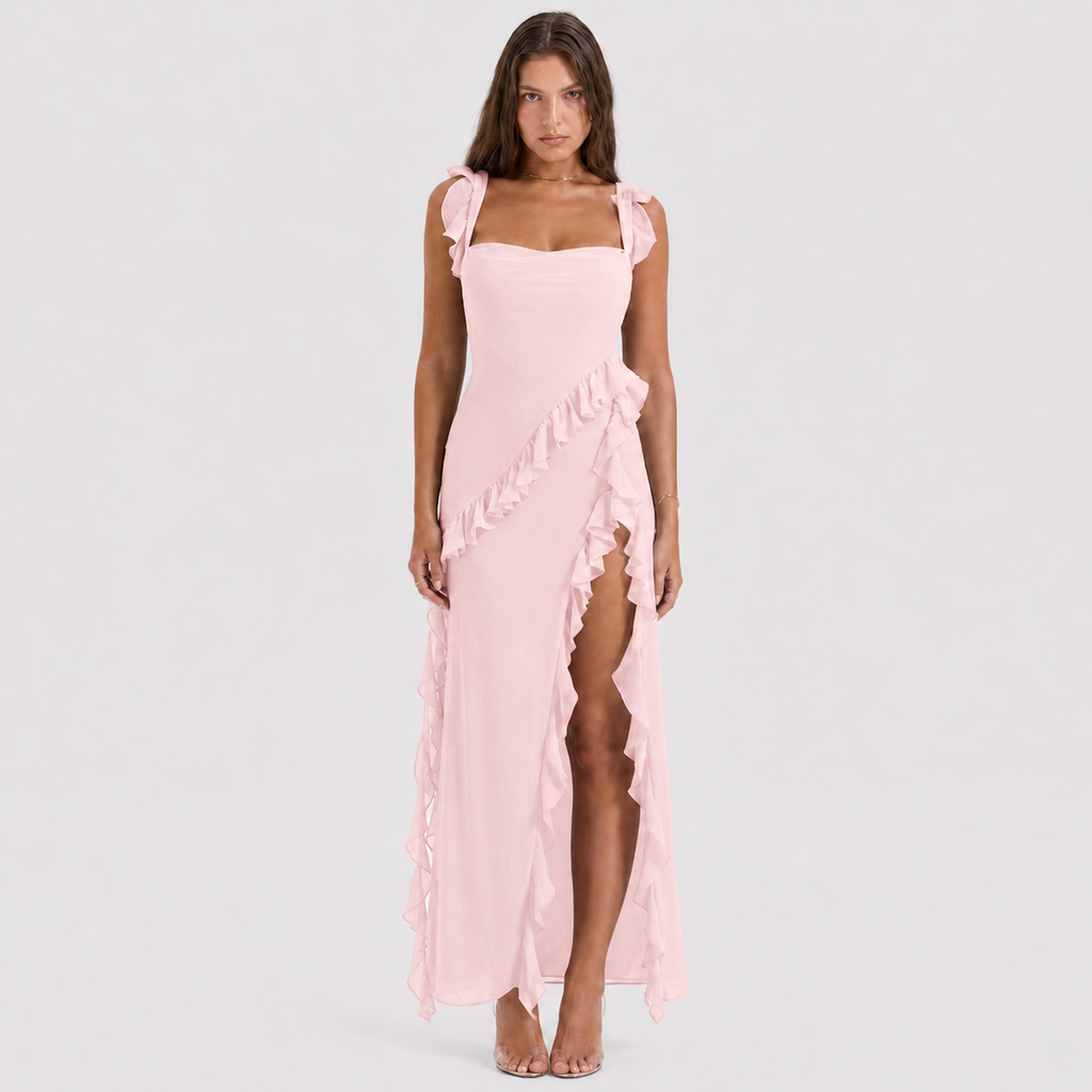 Square Neck Ruffle Maxi Dress - High Slit Sleeveless Evening Gown for Wedding Guests