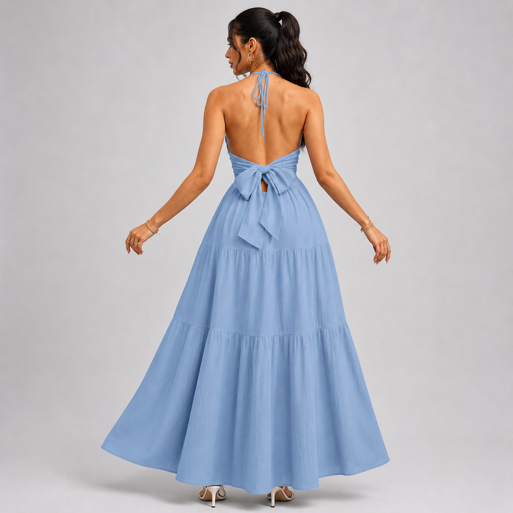 Backless Halter Neck Maxi Dress - Deep V-Neck Tiered Boho Sundress for Beach Vacation