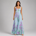 Square Neck Pleated Maxi Dress - Elegant Watercolor Floral Belted Gown