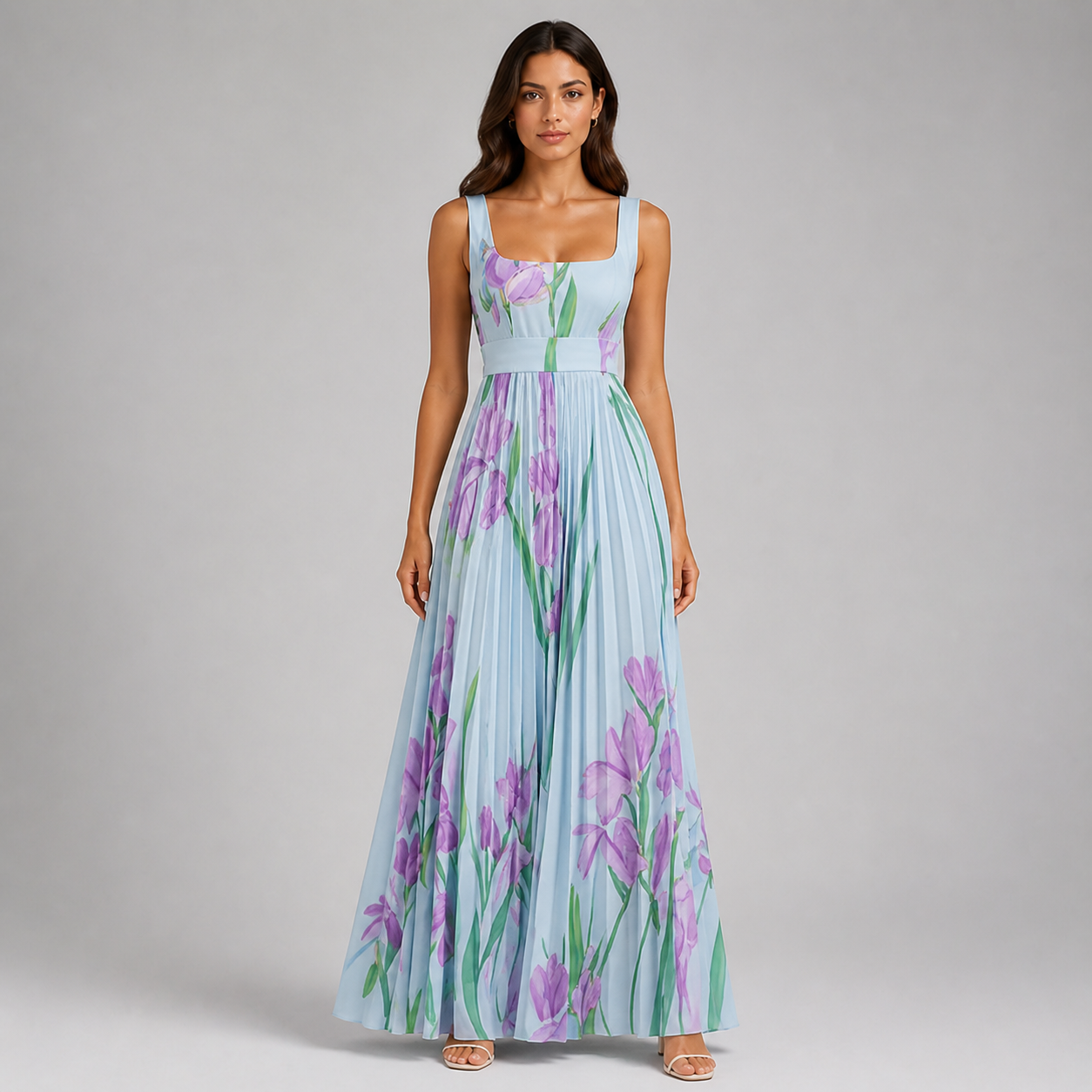 Square Neck Pleated Maxi Dress - Elegant Watercolor Floral Belted Gown