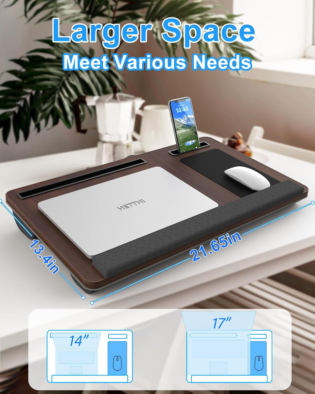 HETTHI Laptop Lap Desk, Portable Large Laptop Desk for Bed, up to 17 in Lap Table with Wrist Rest, Mouse Pad, Tablet Phone Slot, Portable Handle, Lap Tray with Cushion (Dark Brown)