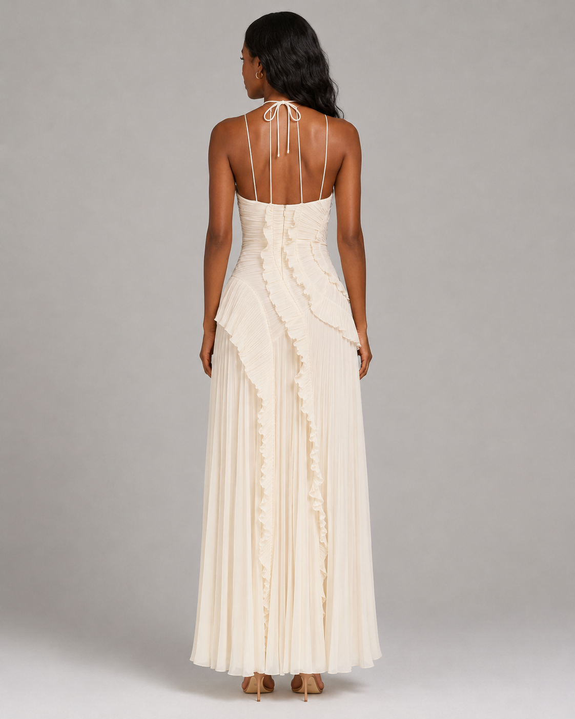 Pleated Halter Maxi Dress – Ruffled Asymmetric Wedding Guest Gown
