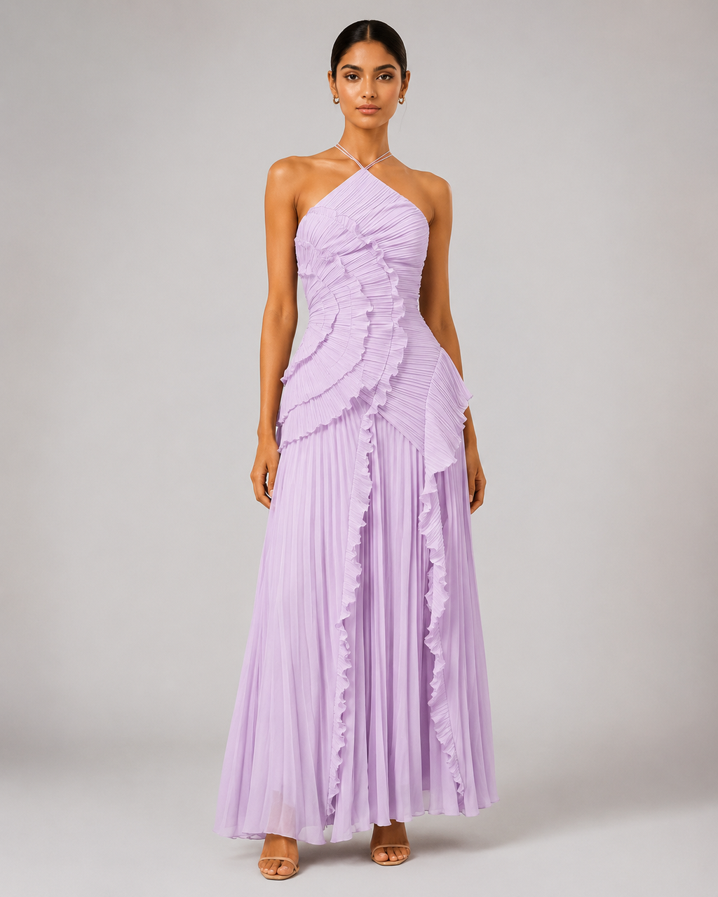 Pleated Halter Maxi Dress – Ruffled Asymmetric Wedding Guest Gown