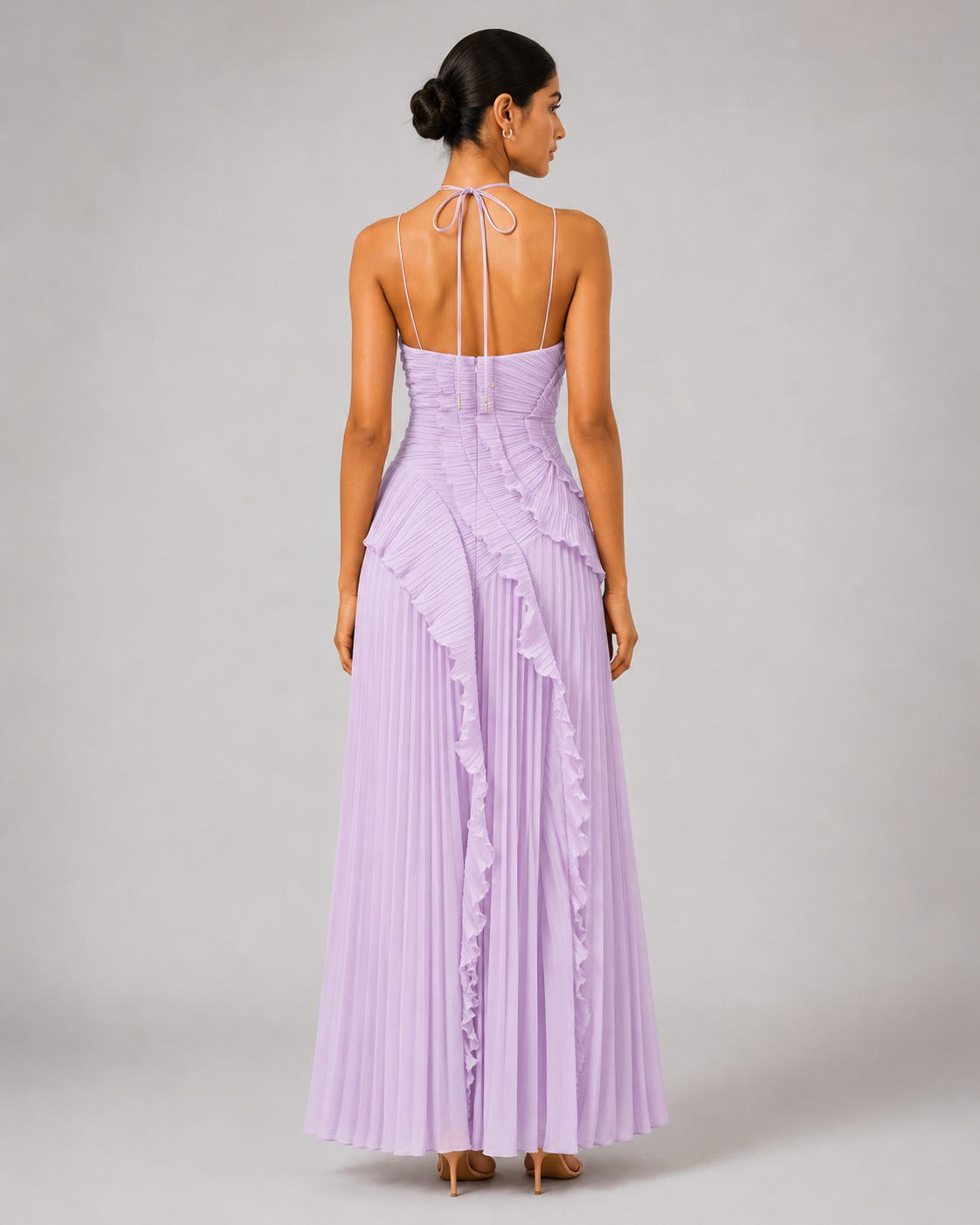 Pleated Halter Maxi Dress – Ruffled Asymmetric Wedding Guest Gown