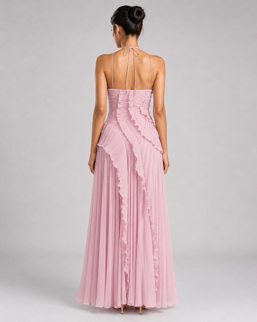 Pleated Halter Maxi Dress – Ruffled Asymmetric Wedding Guest Gown