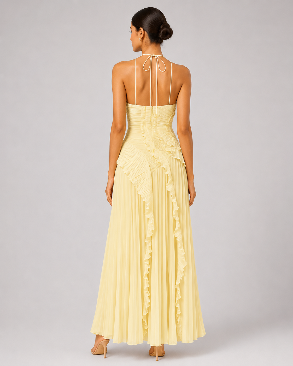 Pleated Halter Maxi Dress – Ruffled Asymmetric Wedding Guest Gown