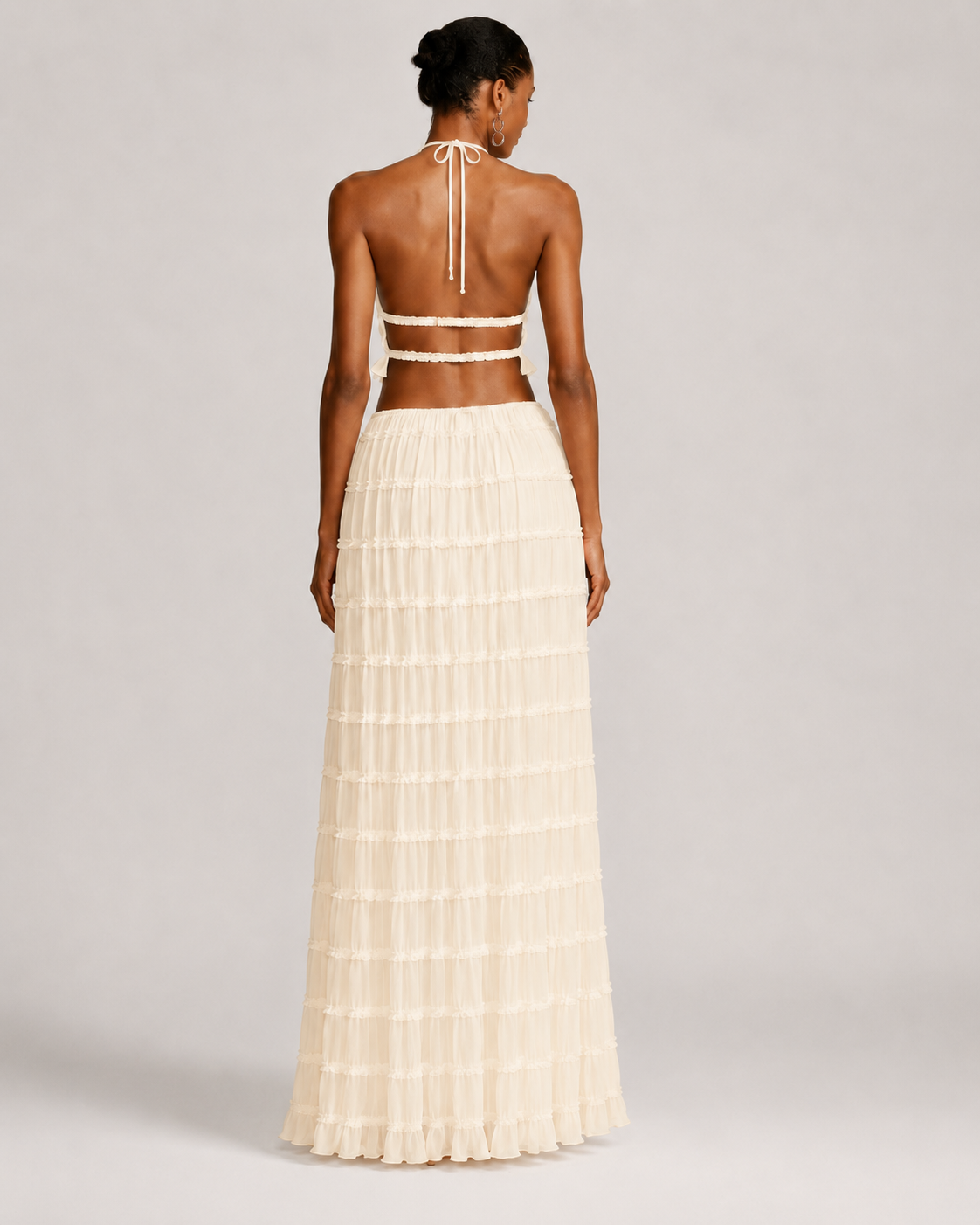 Pleated Ruffle 2 Piece Maxi Set – Backless Halter Crop Top and Tiered Long Skirt