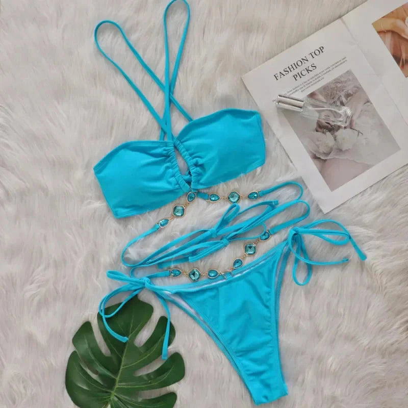 Pink Sexy Bikinis Swimsuit With Rhinestones Women Swimwear Female Push Up Bikini Beach Swim Wear Bathing Suit Pool Bather 2025