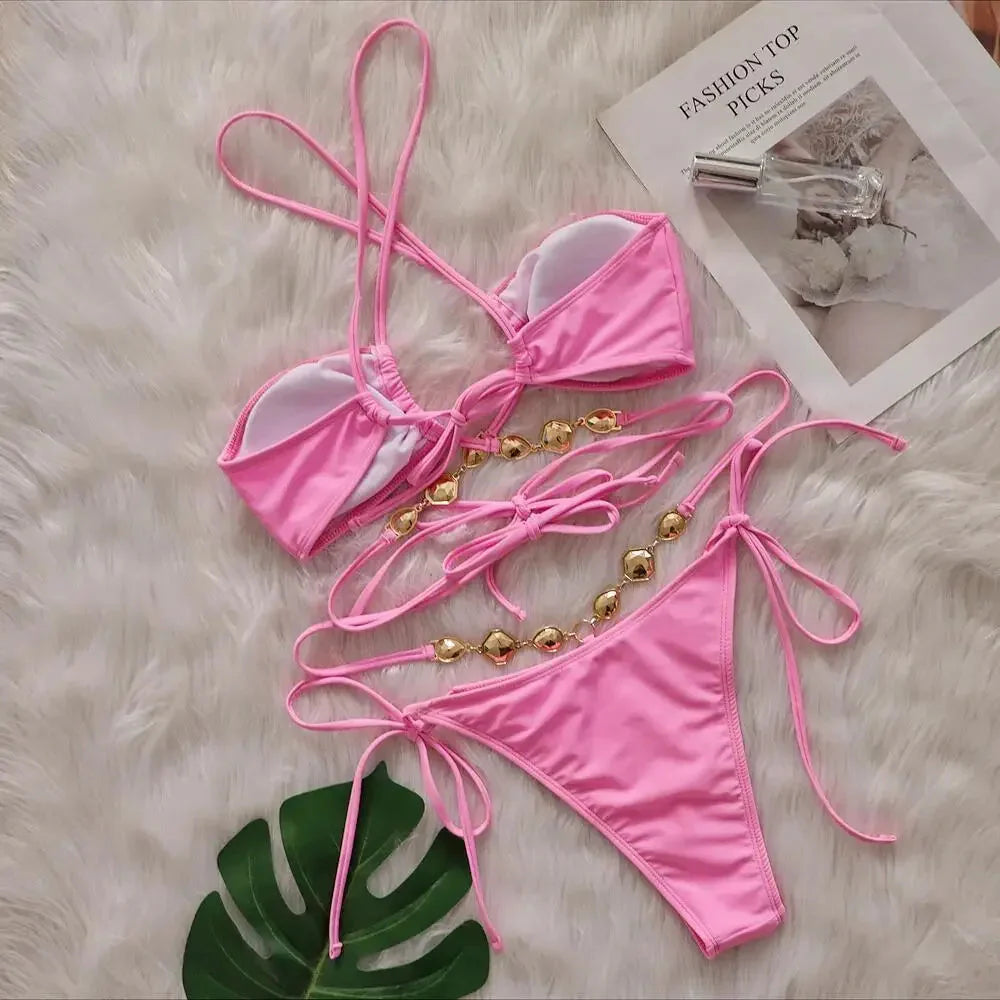 Pink Sexy Bikinis Swimsuit With Rhinestones Women Swimwear Female Push Up Bikini Beach Swim Wear Bathing Suit Pool Bather 2025