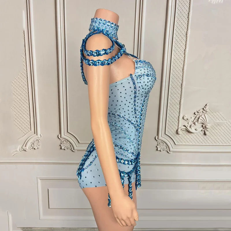 Rhinestone Embellished Performance Bodysuit with Tiered Sequins