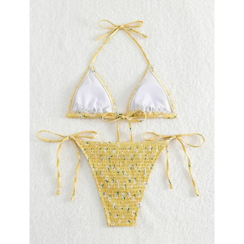 sexy tie halter floral wrinkled print micro bikinis set high waist thong Swimwear Biquini conjunto de bikini tankini beachwear