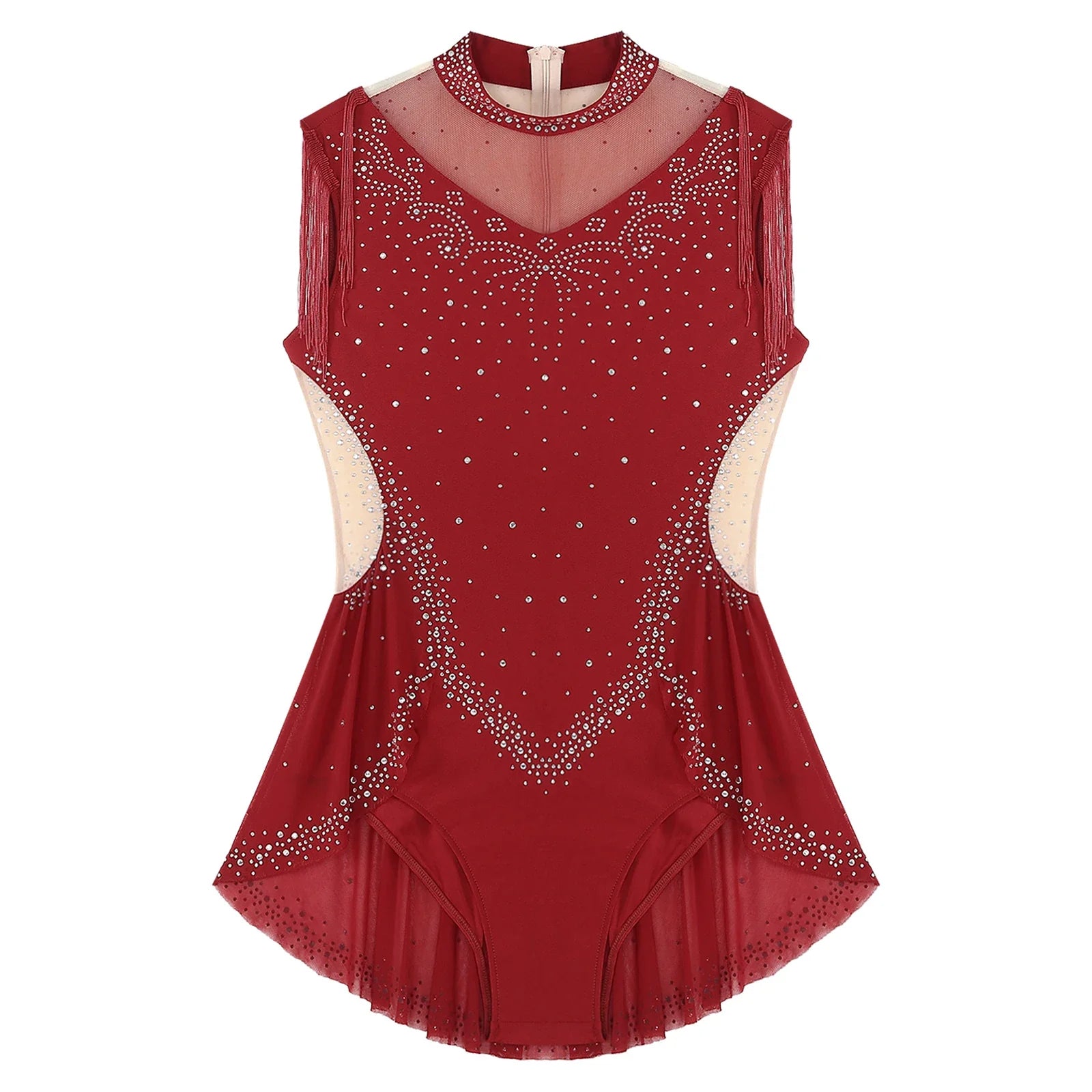 Rhinestone Mock Neck Mesh Tassel Leotard