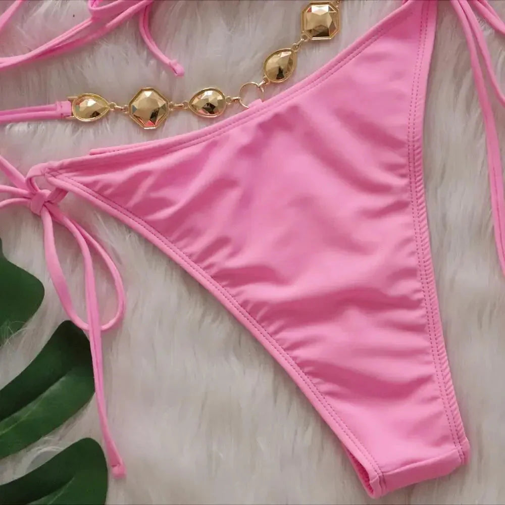 Pink Sexy Bikinis Swimsuit With Rhinestones Women Swimwear Female Push Up Bikini Beach Swim Wear Bathing Suit Pool Bather 2025