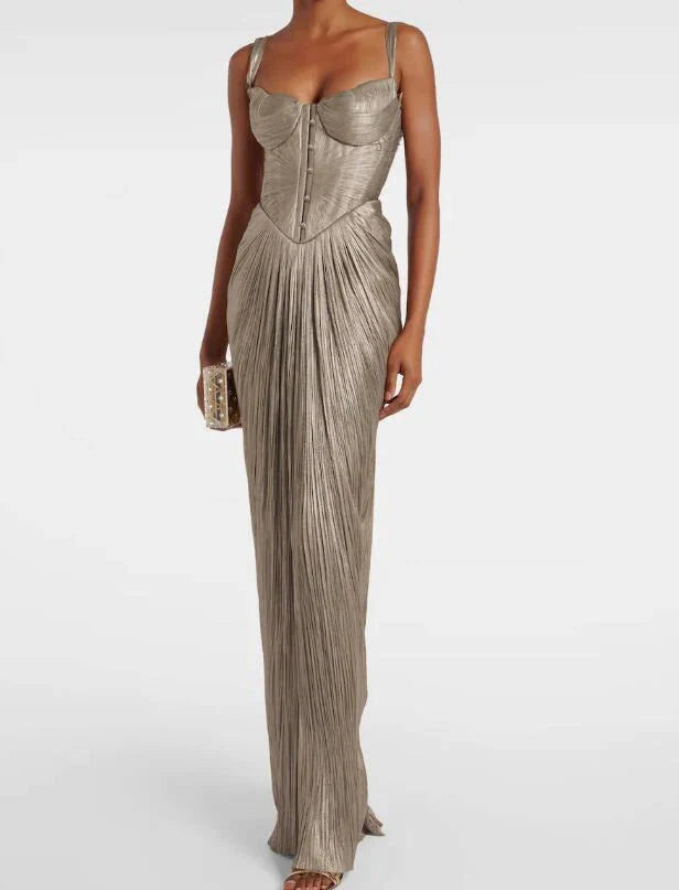 Antique Gold Low Back Lace-Up Party Dress