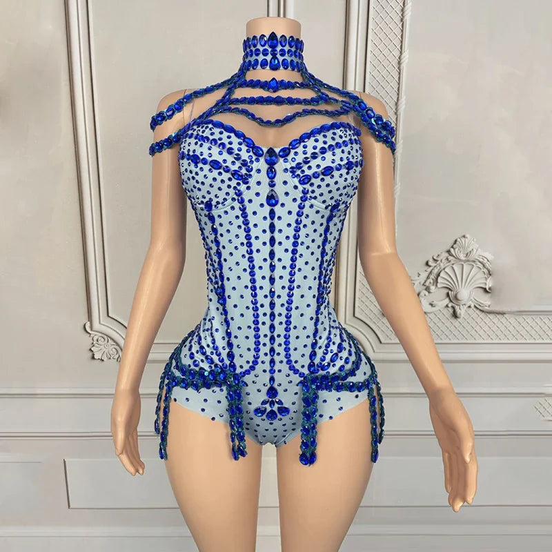 Rhinestone Embellished Performance Bodysuit with Tiered Sequins
