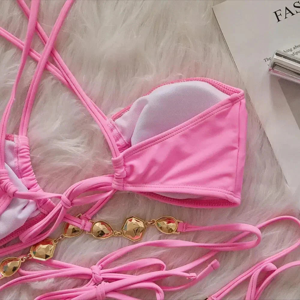Pink Sexy Bikinis Swimsuit With Rhinestones Women Swimwear Female Push Up Bikini Beach Swim Wear Bathing Suit Pool Bather 2025