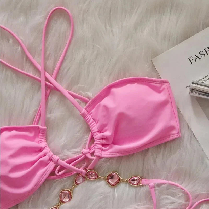 Pink Sexy Bikinis Swimsuit With Rhinestones Women Swimwear Female Push Up Bikini Beach Swim Wear Bathing Suit Pool Bather 2025