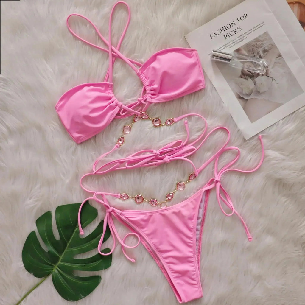 Pink Sexy Bikinis Swimsuit With Rhinestones Women Swimwear Female Push Up Bikini Beach Swim Wear Bathing Suit Pool Bather 2025