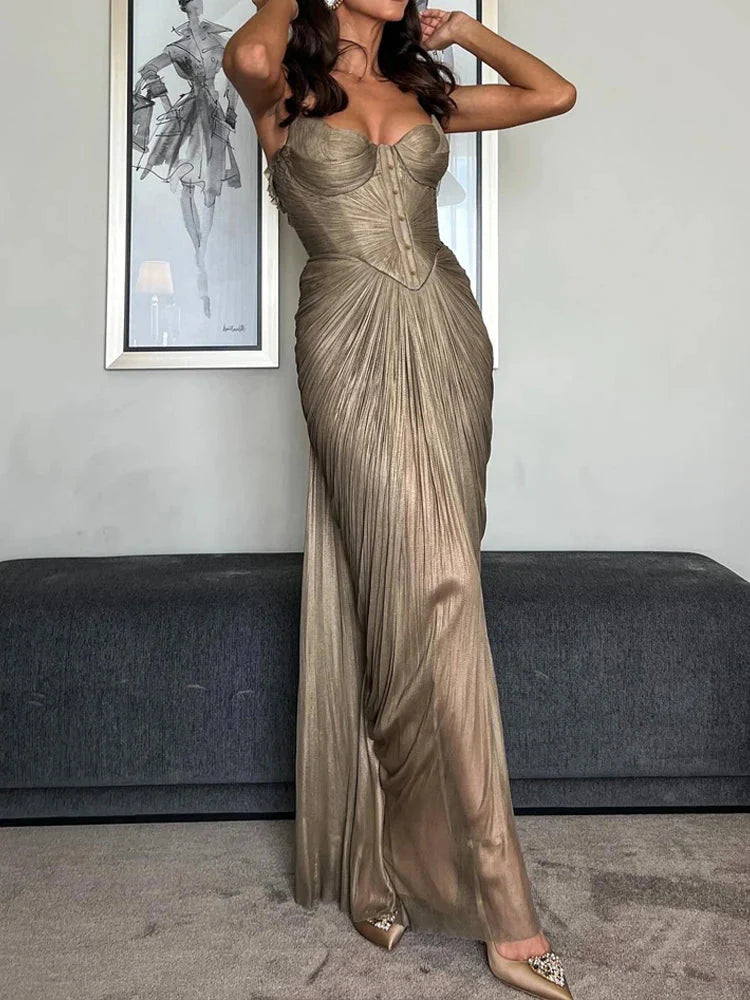 Antique Gold Low Back Lace-Up Party Dress