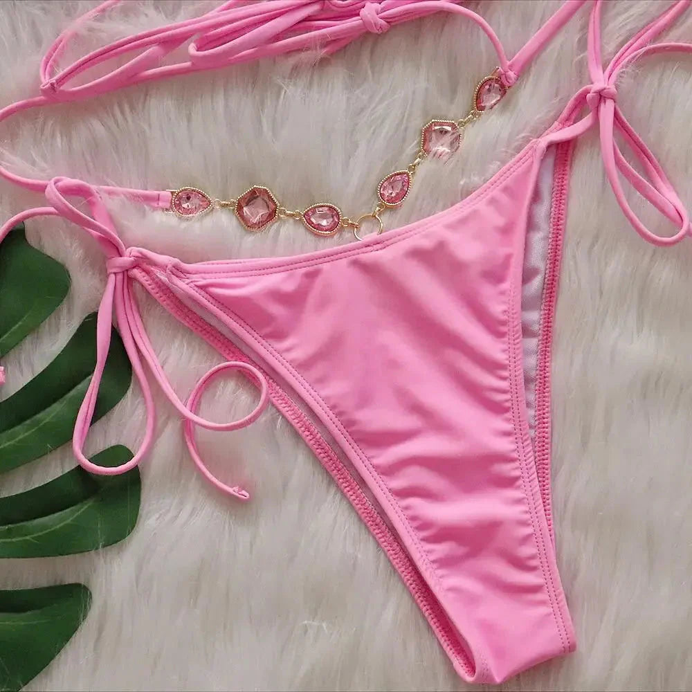 Pink Sexy Bikinis Swimsuit With Rhinestones Women Swimwear Female Push Up Bikini Beach Swim Wear Bathing Suit Pool Bather 2025