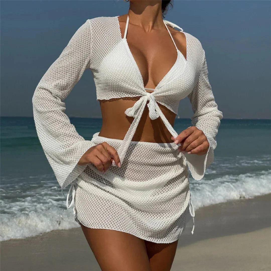 2025 Long Sleeve With Skirt Halter Bikini Women Swimwear Female Swimsuit Four-pieces Bikini set Bather Bathing Suit Swim V6358