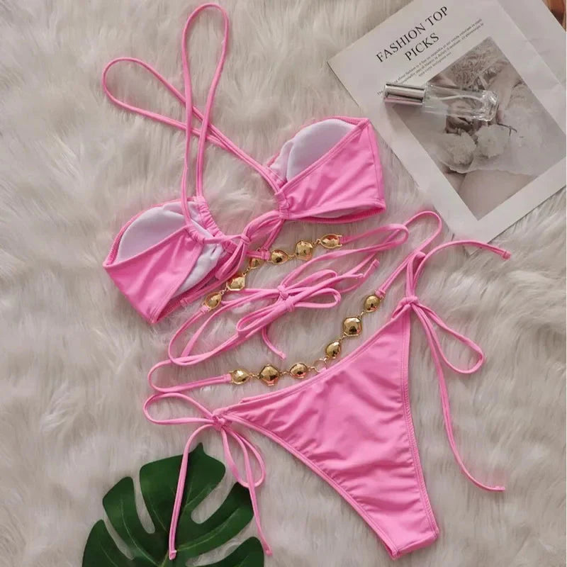 Pink Sexy Bikinis Swimsuit With Rhinestones Women Swimwear Female Push Up Bikini Beach Swim Wear Bathing Suit Pool Bather 2025