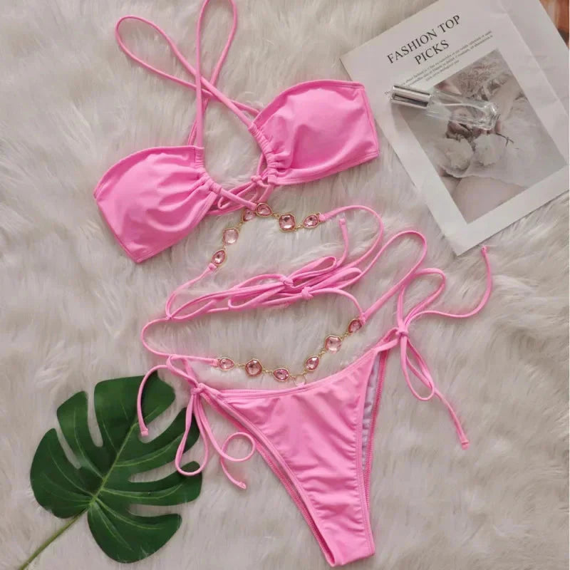 Pink Sexy Bikinis Swimsuit With Rhinestones Women Swimwear Female Push Up Bikini Beach Swim Wear Bathing Suit Pool Bather 2025
