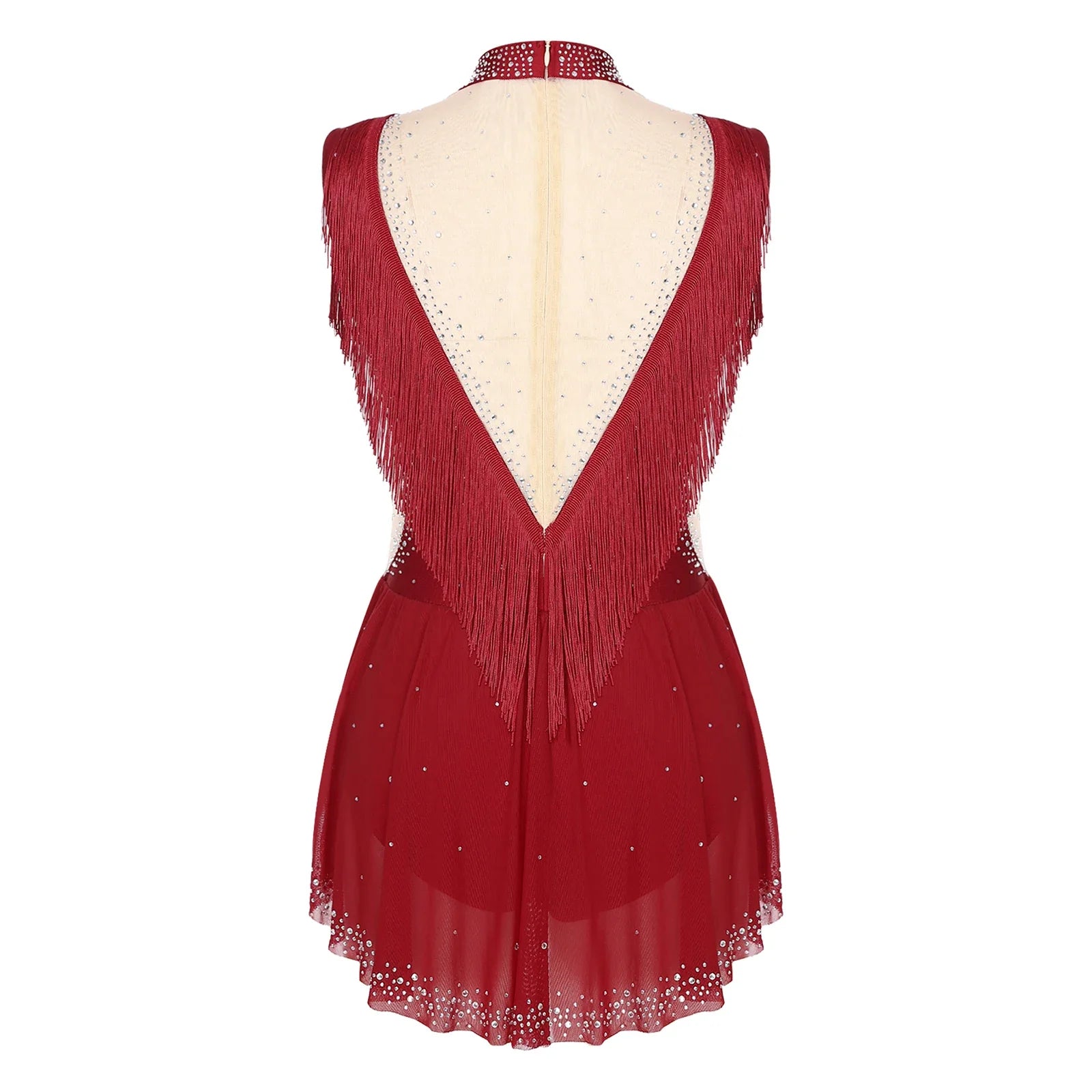 Rhinestone Mock Neck Mesh Tassel Leotard