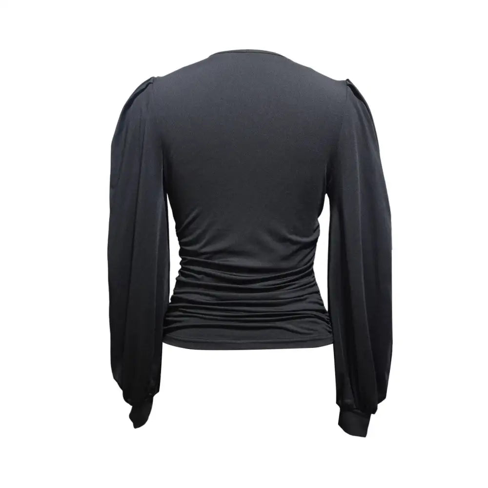 Black Low Head Lantern Sleeve Pleated V Neck Shirt