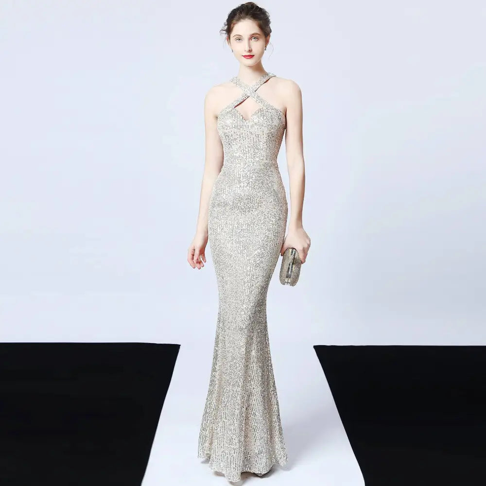 Black Sequined Mermaid Dress with Long Skirt Length