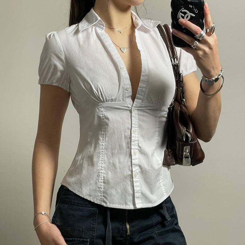 White Polo Shirt – Slim Waist V Neck Short Sleeve Shirt