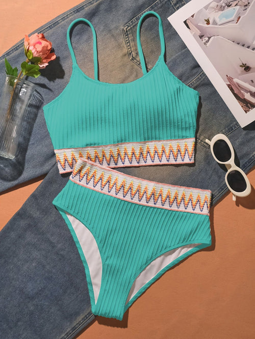 Bikini Scoop Neck High Waist 2 Piece Swimsuit for Women – Chic Solid Color Bikini Set with Contrast Band Detail – Stretchy Comfortable Flattering Swimwear for Beach Pool and Summer Vacation