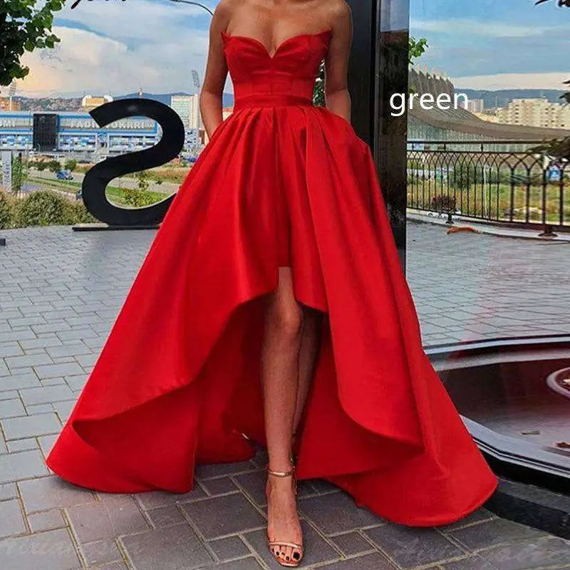 Red Satin High Low Ladies Evening Dress