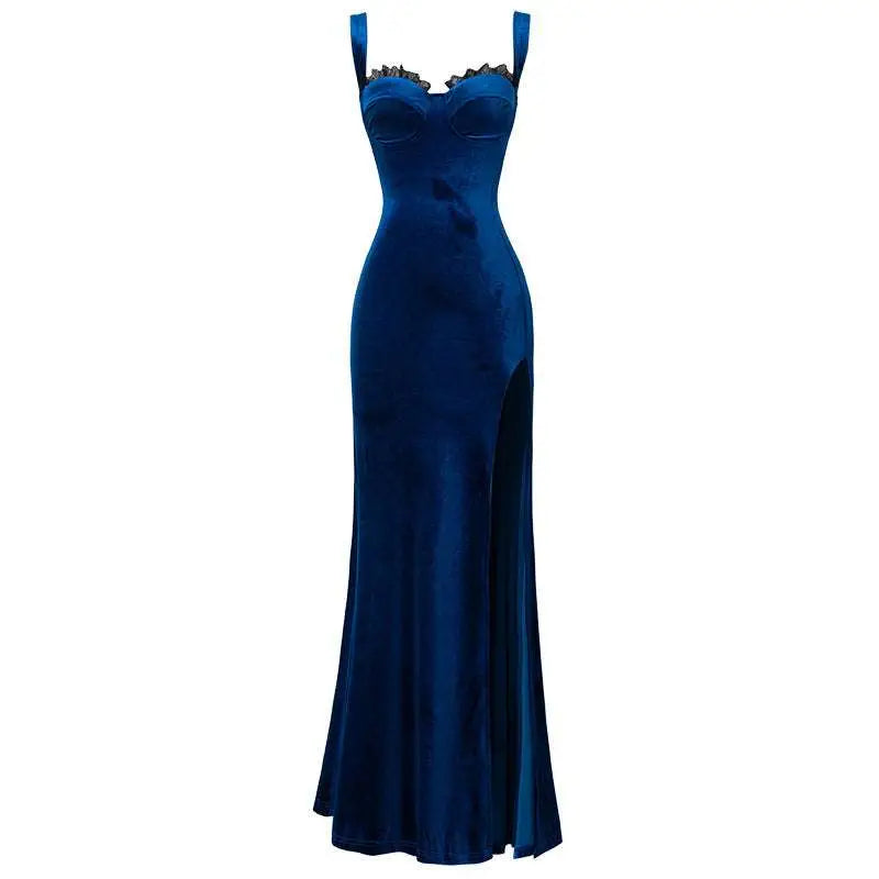 Red Velvet Lace Wrap Hip Evening Dress