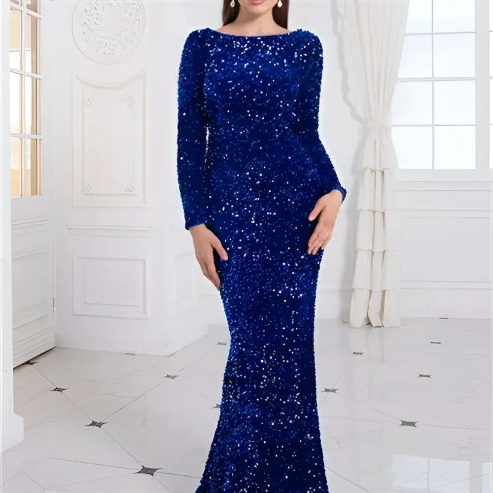 Women Modest Stretch Sequin Royal Blue Evening Gown
